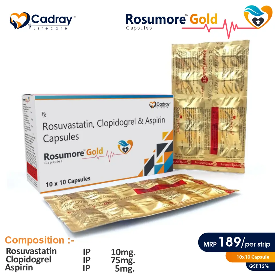 Triple-action cardiovascular support with Aspirin, Rosuvastatin & Clopidogrel. WHO GMP certified, available for PCD pharma franchise.